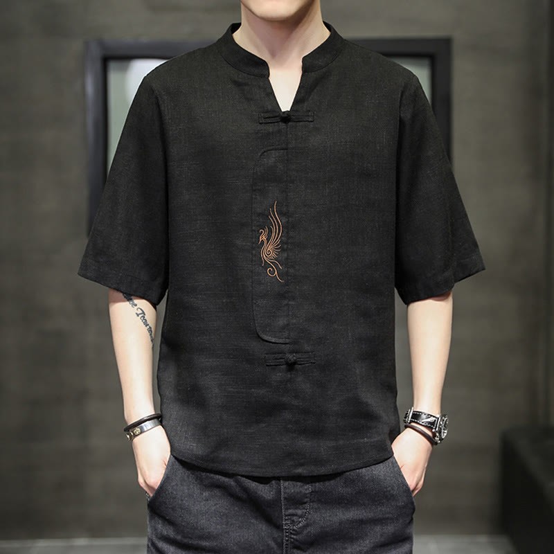 Frog-Button Phoenix Embroidery Chinese Tang Suit Short Sleeve Shirt Cotton Linen Men Clothing