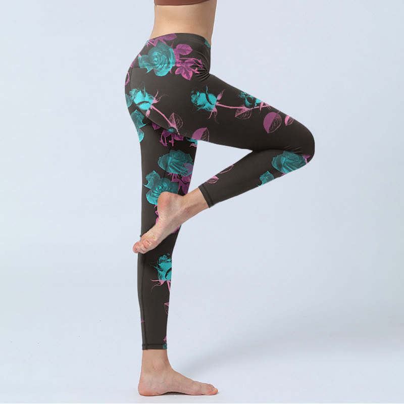 Black Rose Leaves Pattern Print Gym Leggings Women's Yoga Pants