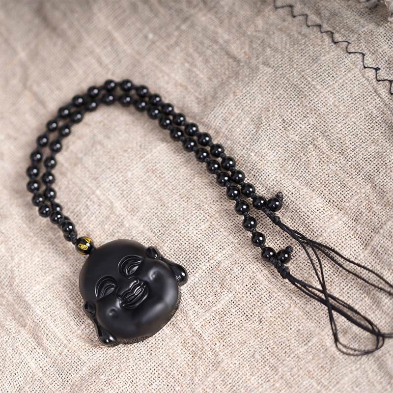 Natural Black Obsidian Laughing mystic zen Purification Necklace Pendant