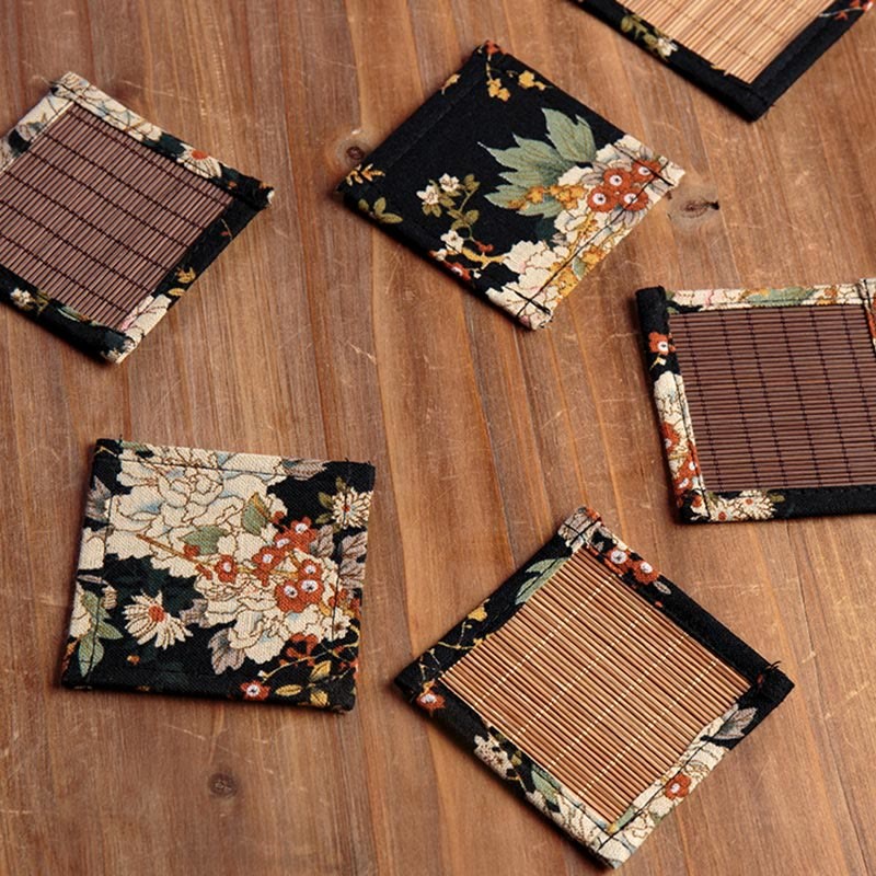 Vintage Peony Flower Blossom Bamboo Cup Mat Pad Tea Cup Coaster Kung Fu Tea Mat