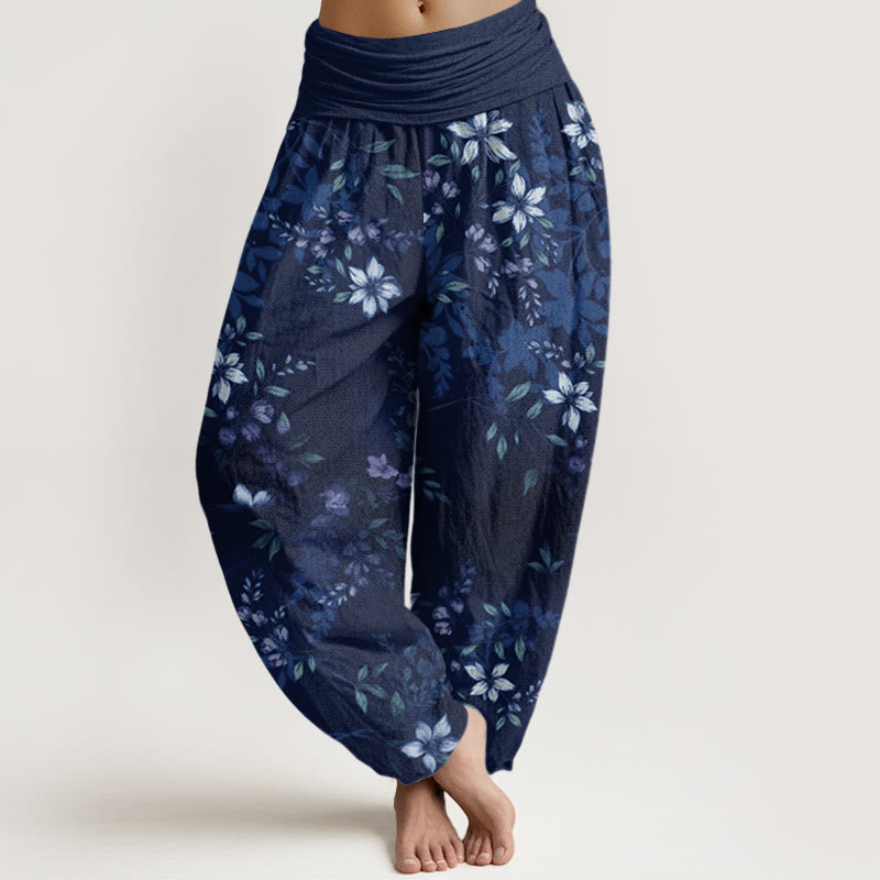 Small White Blossoms Green Leaves Women's Elastic Waist Harem Pants
