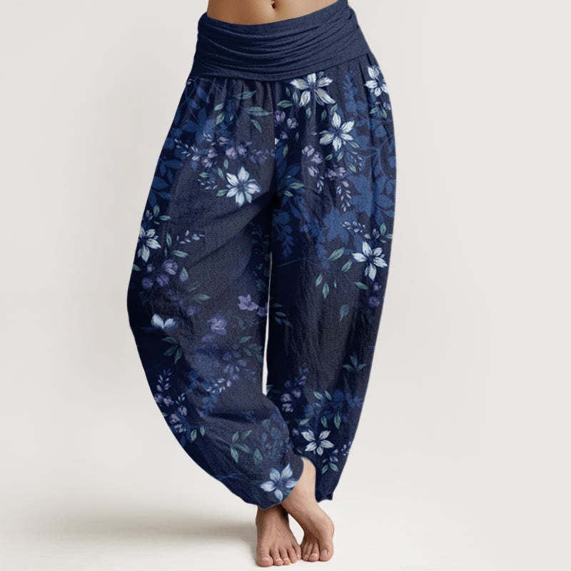 Small White Blossoms Green Leaves Women's Elastic Waist Harem Pants
