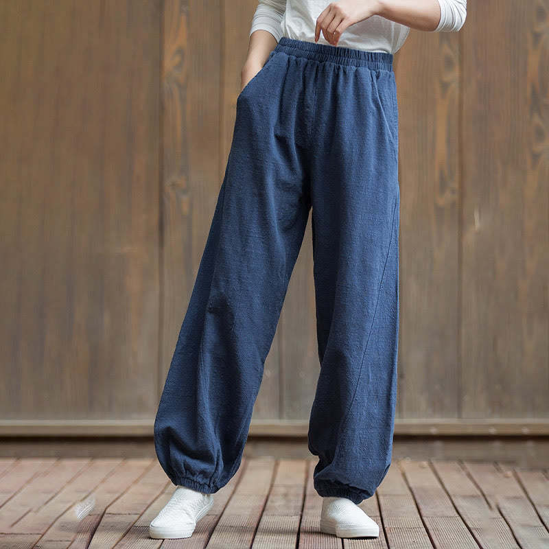 Casual Solid Plain Color Carrot Elastic Waistband Cotton Ramie Women's Pants With Pockets