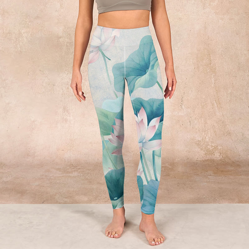 Blooming  White Pink Lotus Leaves Print Gym Leggings Women's Yoga Pants