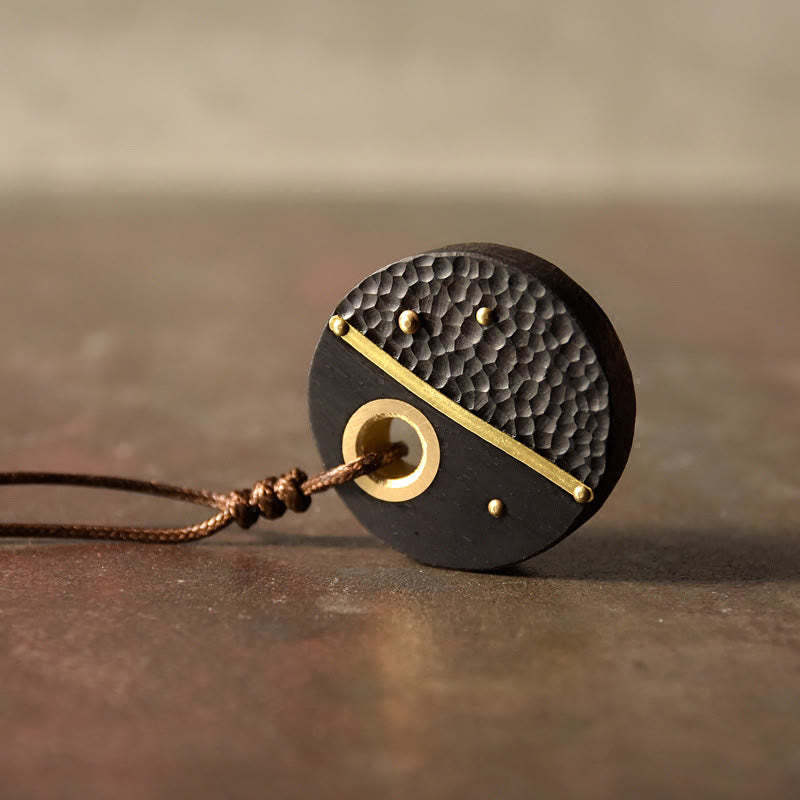 Handcrafted Round Ebony Wood Copper Peace Necklace Pendant