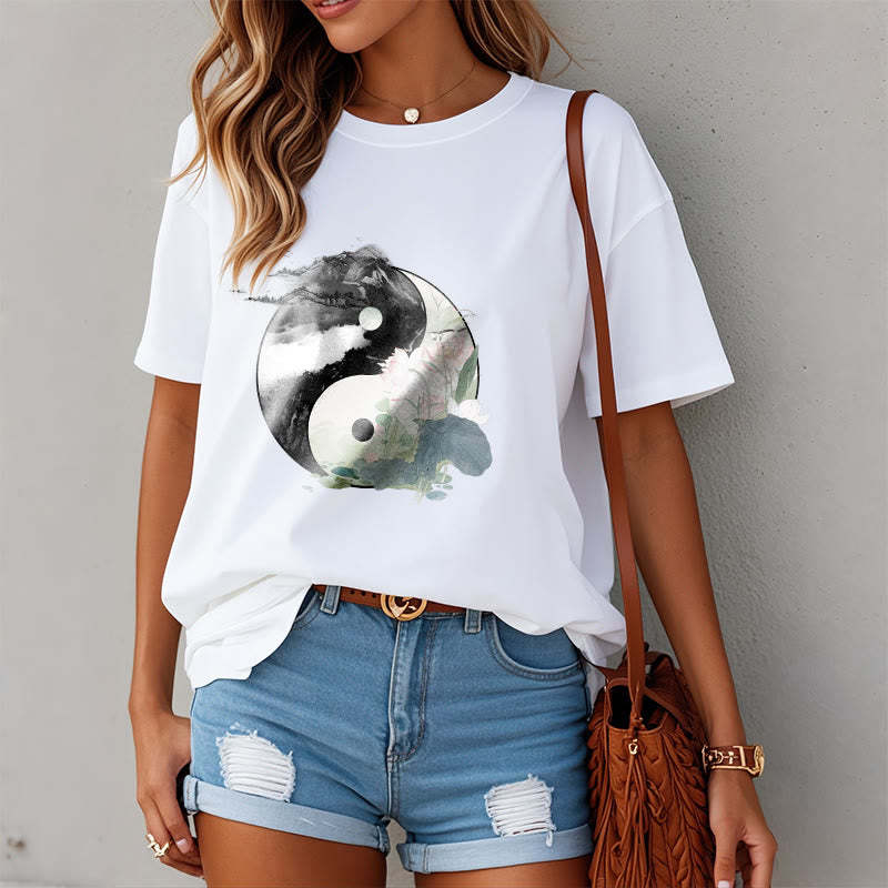 Yin Yang Lotus Leaf Ink Painting Cotton Tee T-shirt