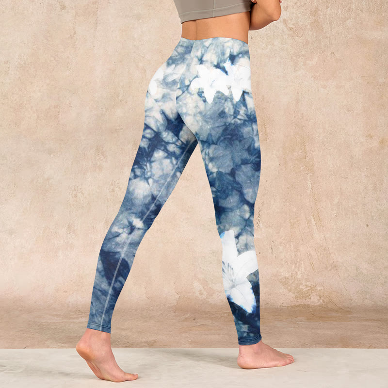 Blue Lily Flowers Watercolor Texture Print Gym Leggings Women's Yoga Pants