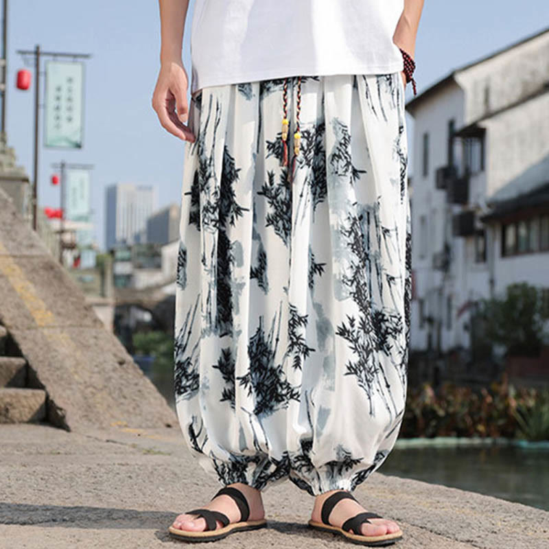 Bamboo Leaves Pattern Loose Men's Harem Pants With Pockets