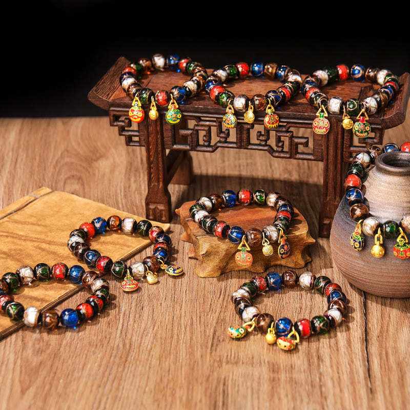 Five Elements Gold Swallowing Beast Family Charm Liuli Glass Bead Luck Bracelet