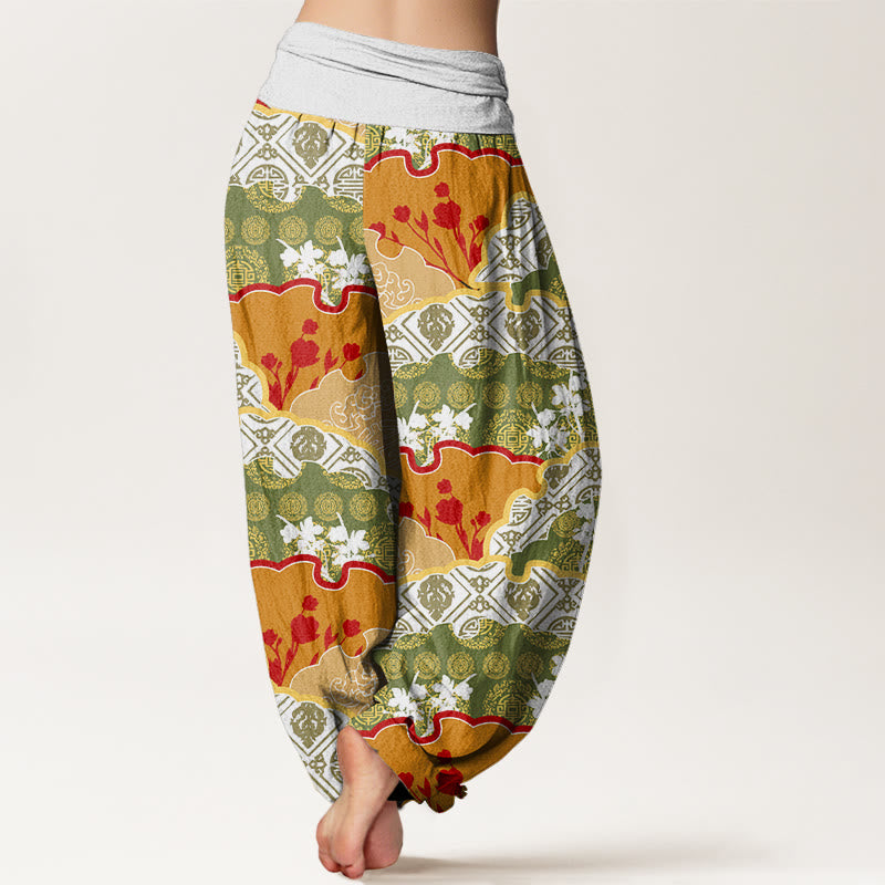 Chinese Fan-shaped Diamond Pattern Design Women's Elastic Waist Harem Pants