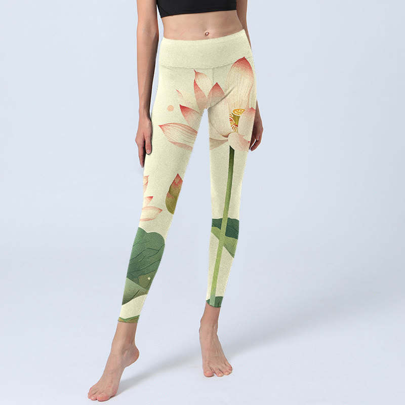 Lotus Flower Leaf Dragonfly Print Fitness Leggings Women's Yoga Pants
