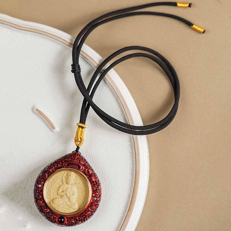 Chinese Zodiac Avalokitesvara Small Leaf Red Sandalwood Ebony Longevity Necklace Pendant