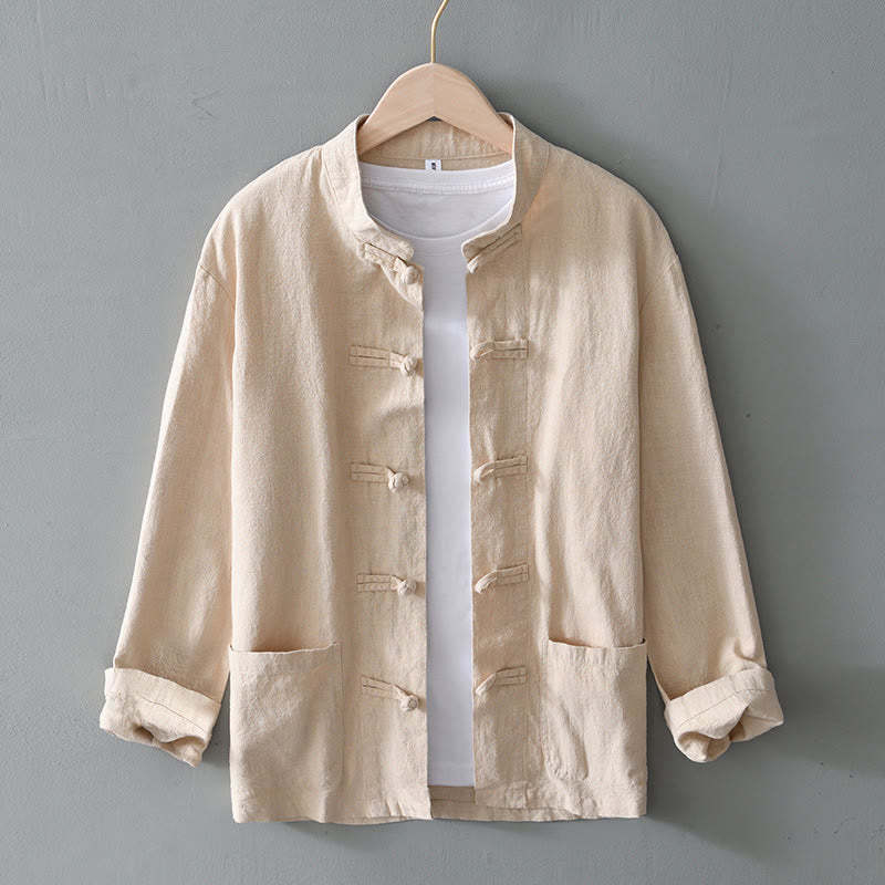 Frog-Button Chinese Tang Suit Ramie Linen Cotton Men Jacket Shirt With Pockets