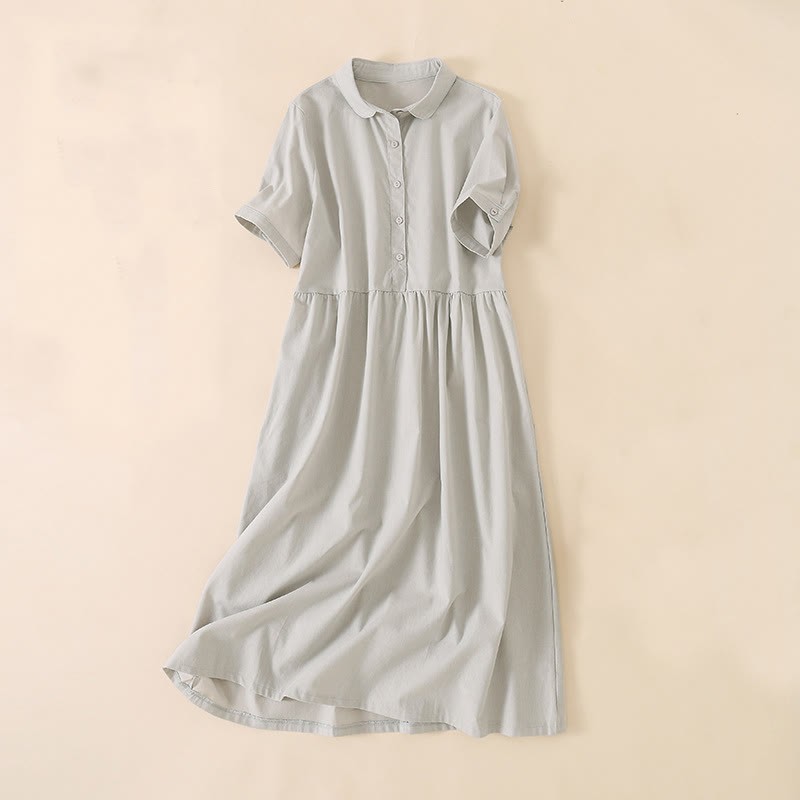 Summer Buttons Design Short Sleeve Cotton Linen Midi Dress With Pockets
