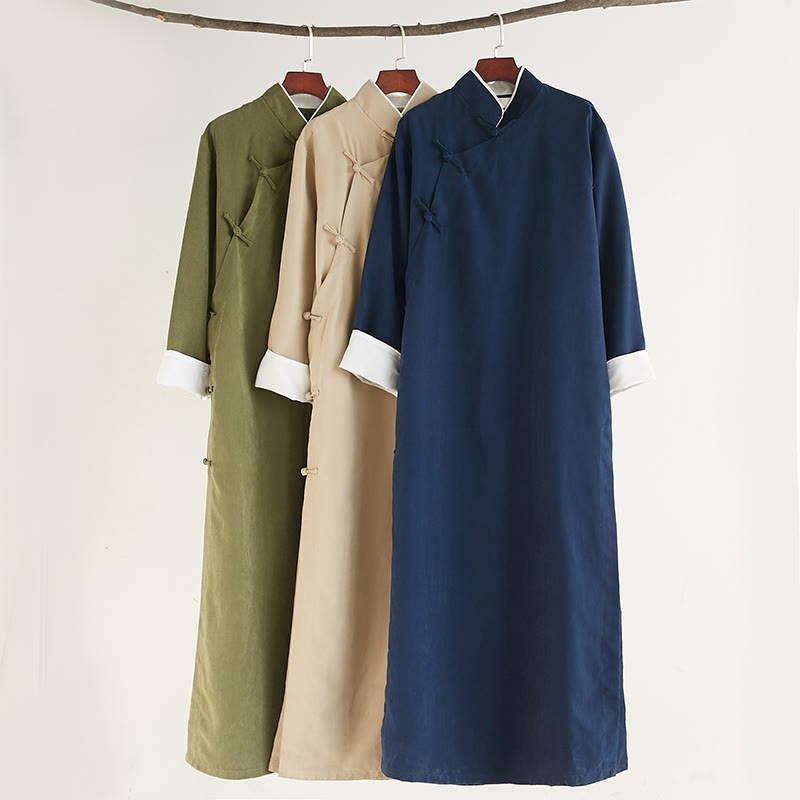 Fall Solid Color Chinese Frog-Button Cotton Men's Tang Suit Robe