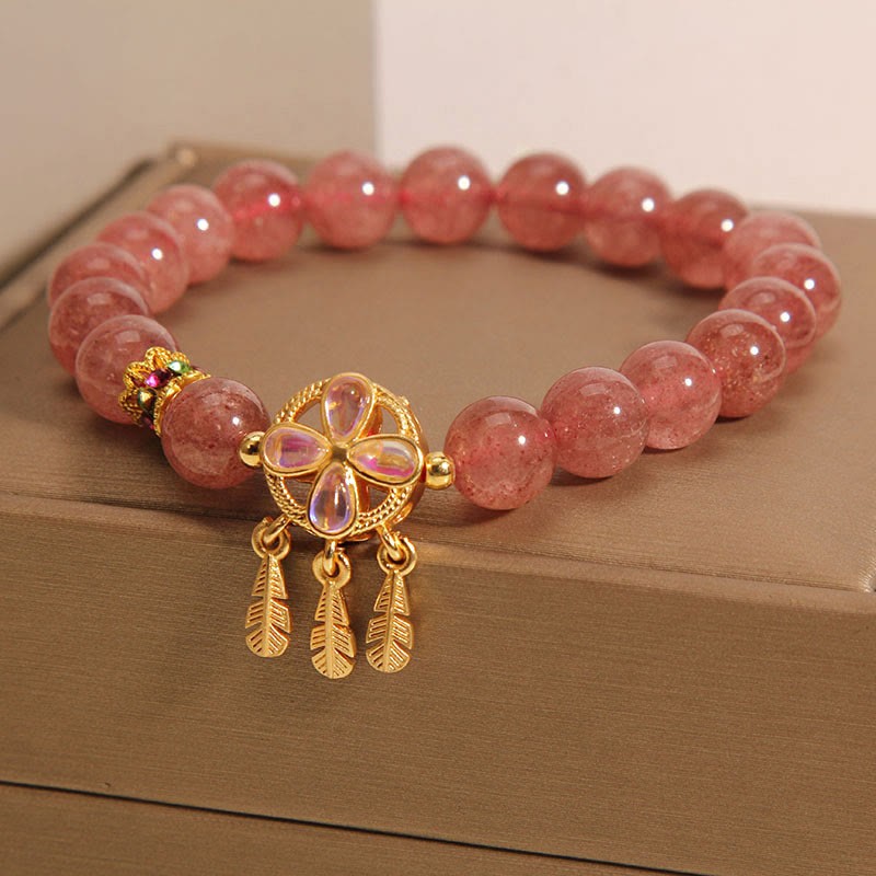 Natural Strawberry Quartz Four Leaf Clover Dreamcatcher Charm Love Bracelet