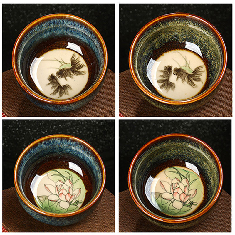 Lotus Dragon Phoenix Koi Fish Chinese Jianzhan Ceramic Teacup Kung Fu Tea Cup 110ml