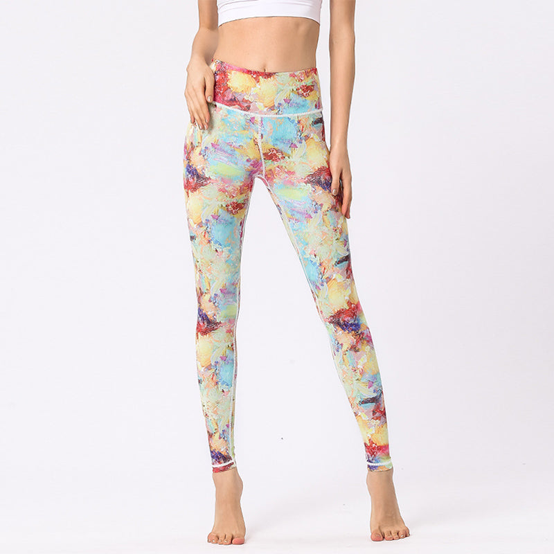 Multicolored Print Flowers Pants Sports Exercise Fitness High Waist Leggings Women's Yoga Pants