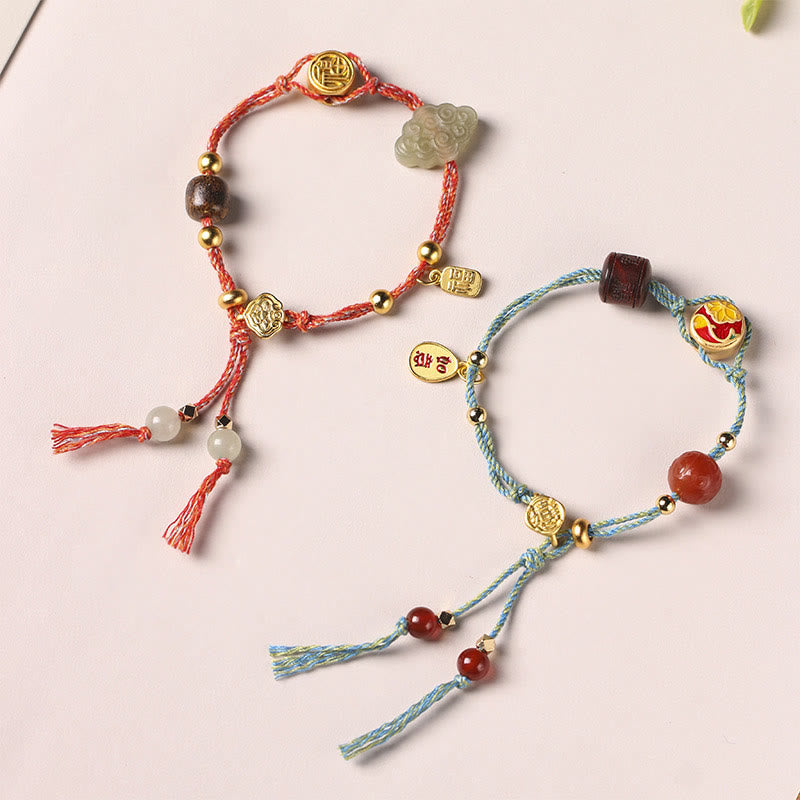 Handmade Auspicious Clouds Hetian Jade Fu Character Luck Fortune Rope Bracelet