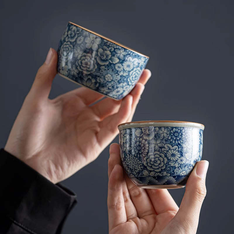 Blue Lotus Peach Blossom Chrysanthemum Design Ceramic Teacup Kung Fu Tea Cups