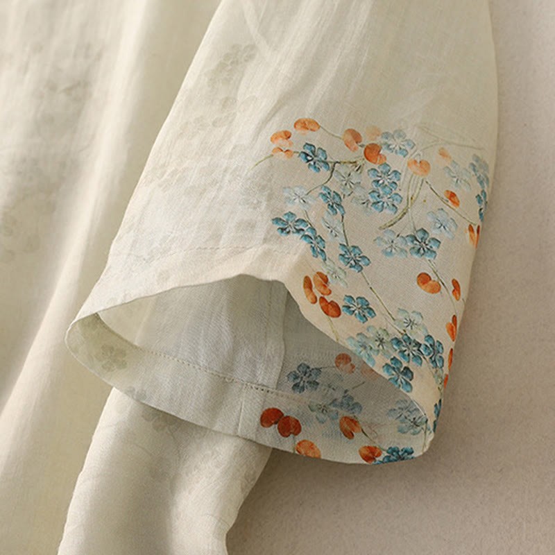 Blue Flowers Orange Leaves Frog-Button Three Quarter Sleeve Cotton Linen Shirt