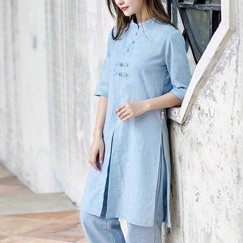 2Pcs Half Sleeve Shirt Top Pants Meditation Zen Tai Chi Linen Clothing Women's Set