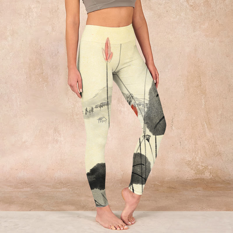 Lotus Mountains House Print Gym Leggings Women's Yoga Pants