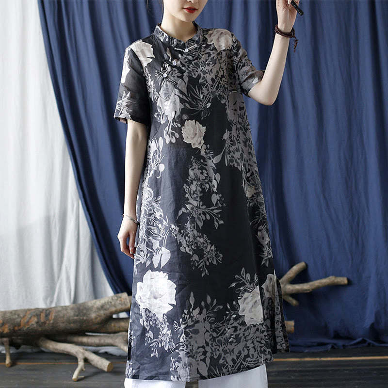 Ramie Linen Blue Flowers Leaves Cheongsam Dresses Short Sleeve Dress