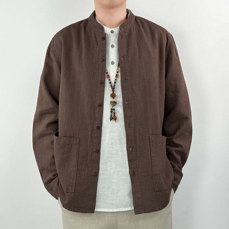 Casual Solid Color Ramie Linen Cotton Men's Shirt With Pockets