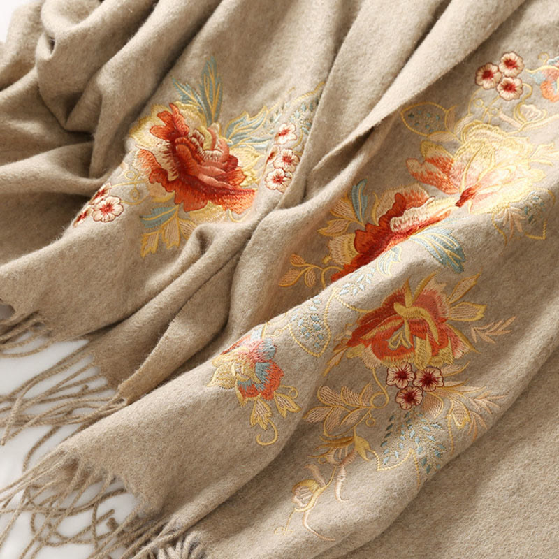 Wool Shawl Red Pink Flower Embroidery Tassel Winter Cozy Travel Scarf Wrap