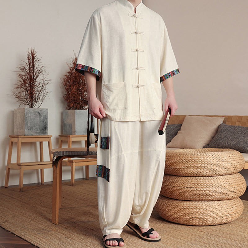 2Pcs Patchwork Chinese Frog-Button Shirt Wide Leg Pants Men's Meditation Cloth Set With Pockets