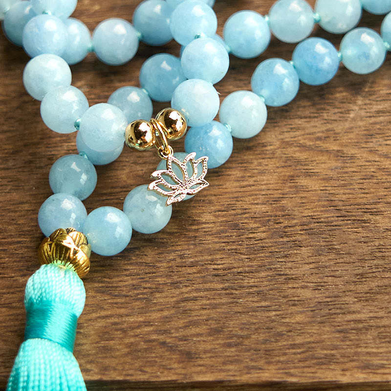 108 Mala Beads Natural Stone Aquamarine Tassel Lotus Healing Bracelet