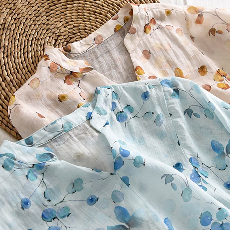 Fruits Leaves Pattern Lantern Sleeve Top Loose Tee T-shirt