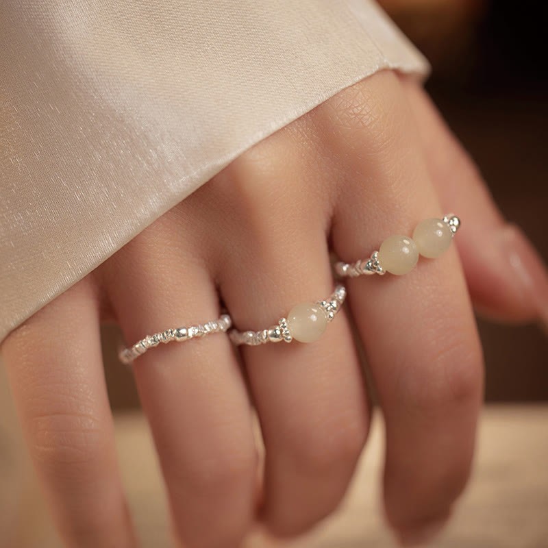 925 Sterling Silver Natural Small Hetian Jade Bead Luck Elastic Ring