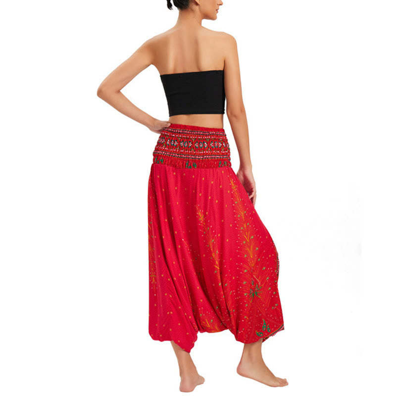Two Style Wear Peacock Feather Loose Smocked Harem Trousers Jumpsuit High Waist Pants