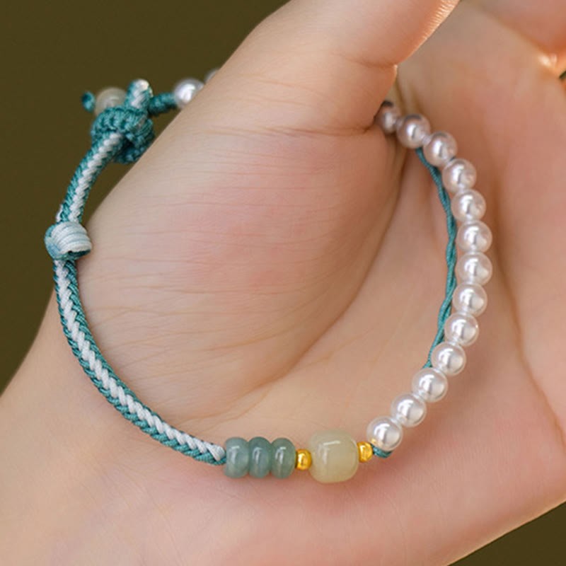 925 Sterling Silver Hetian Jade Braided Rope Pearl Abundance Bracelet