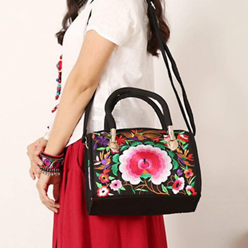 Money Tree Peony Camellia Double-Sided Embroidery Canvas Shopping Purse Handbag Crossbody Bag