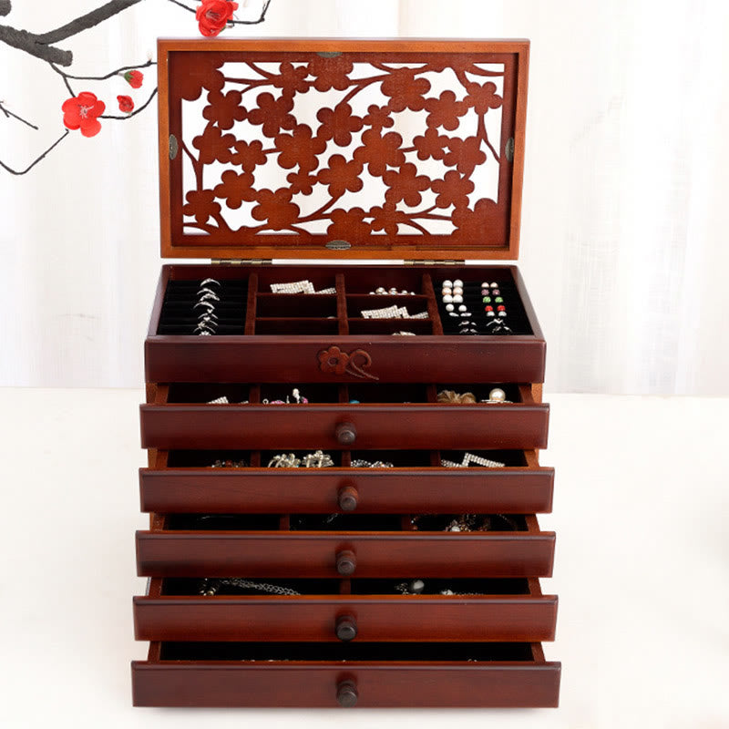 Vintage Plum Blossom Carved Wooden Jewelry Box Six-Layer Jewelry Storage Box
