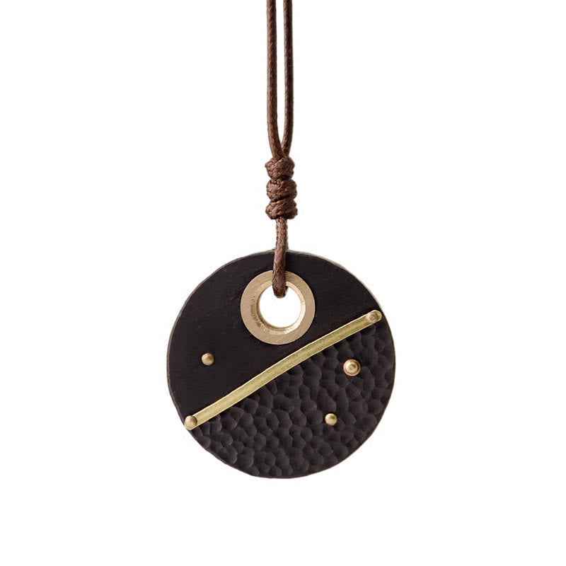 Handcrafted Round Ebony Wood Copper Peace Necklace Pendant