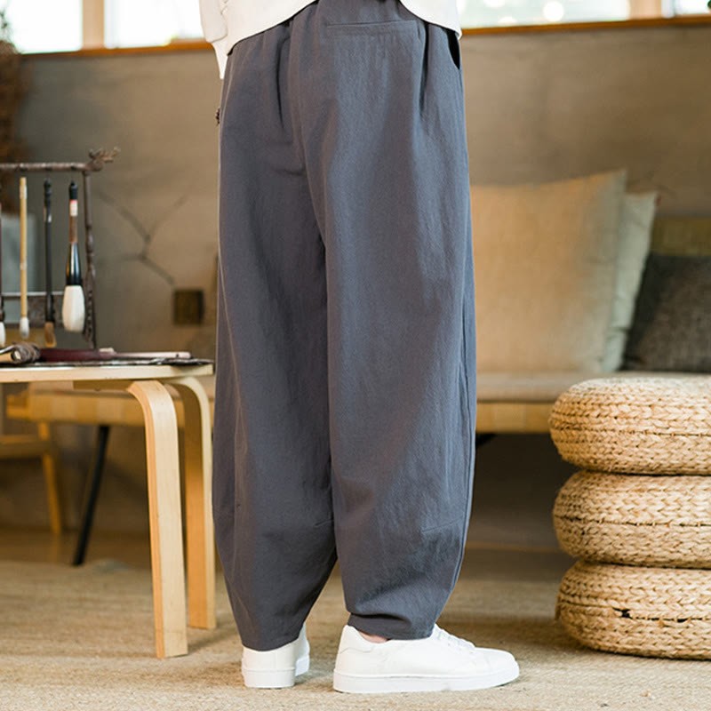 Solid Color Cotton Linen Drawstring Men's Harem Pants With Pockets