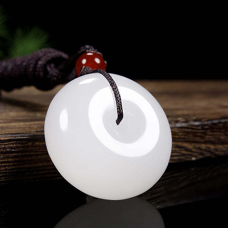 Round Hetian White Jade Peace Buckle Blessing Necklace Pendant