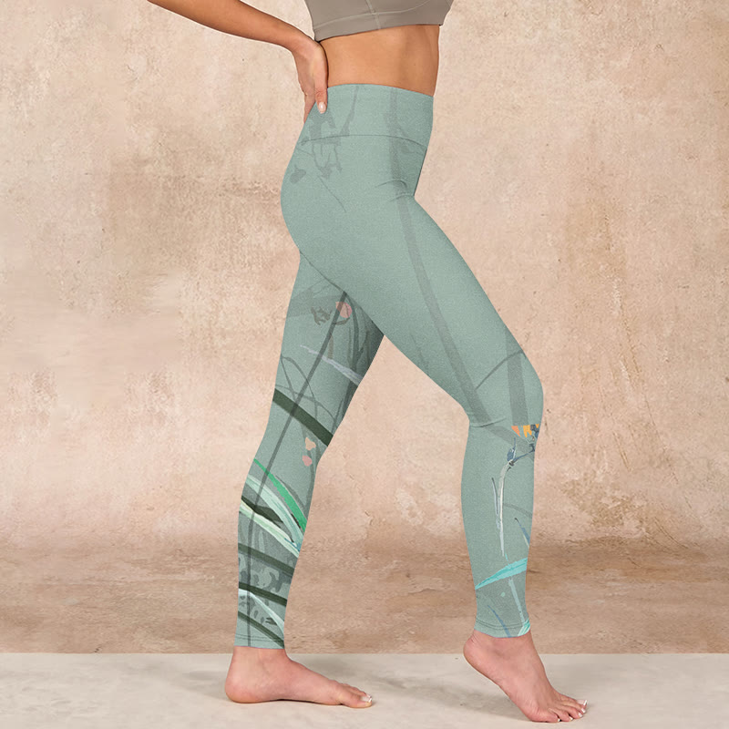 White Pink Orchids Leaves Print Gym Leggings Women's Yoga Pants