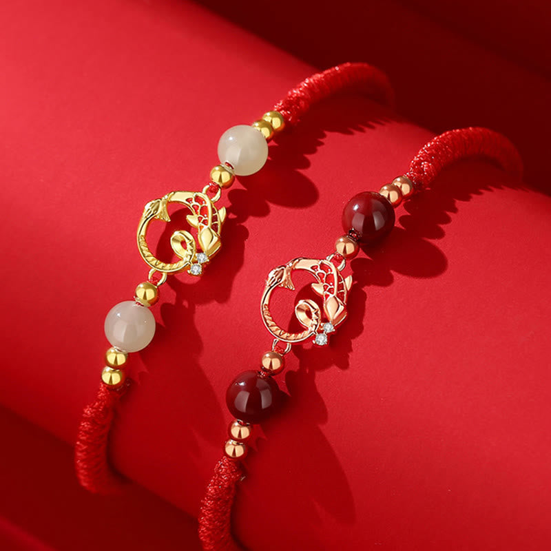 925 Sterling Silver Hetian Jade Cinnabar Koi Fish Year Of Snake Red String Protection Braided Bracelet