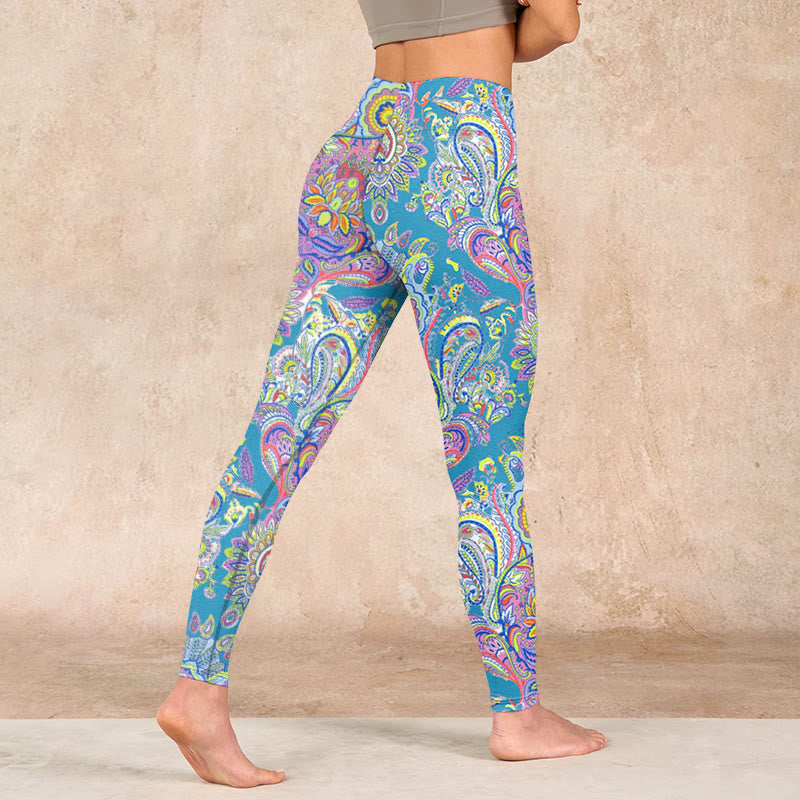 Blue Pink Green Flower Print Gym Fitness Leggings Women's Yoga Pants