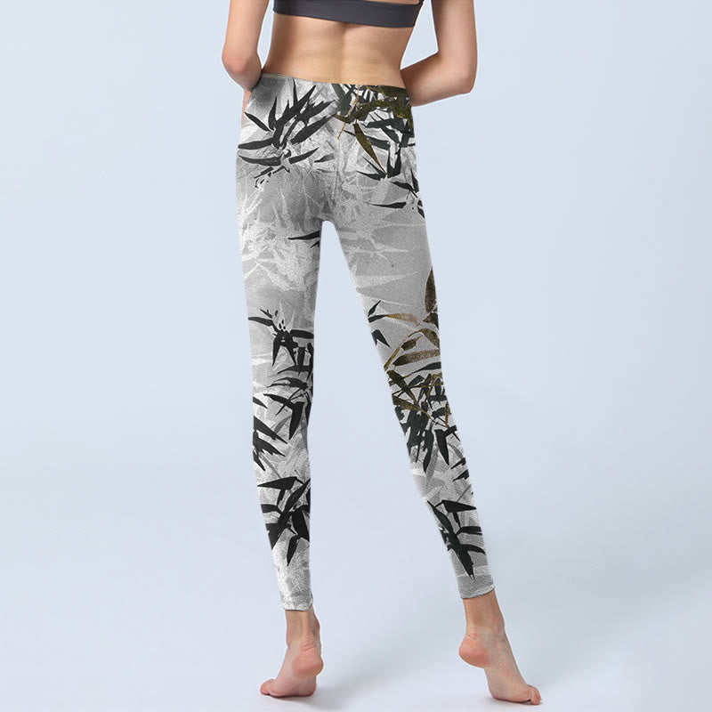 Dark Gray Bamboo Leaves Print Gym Leggings Women's Yoga Pants