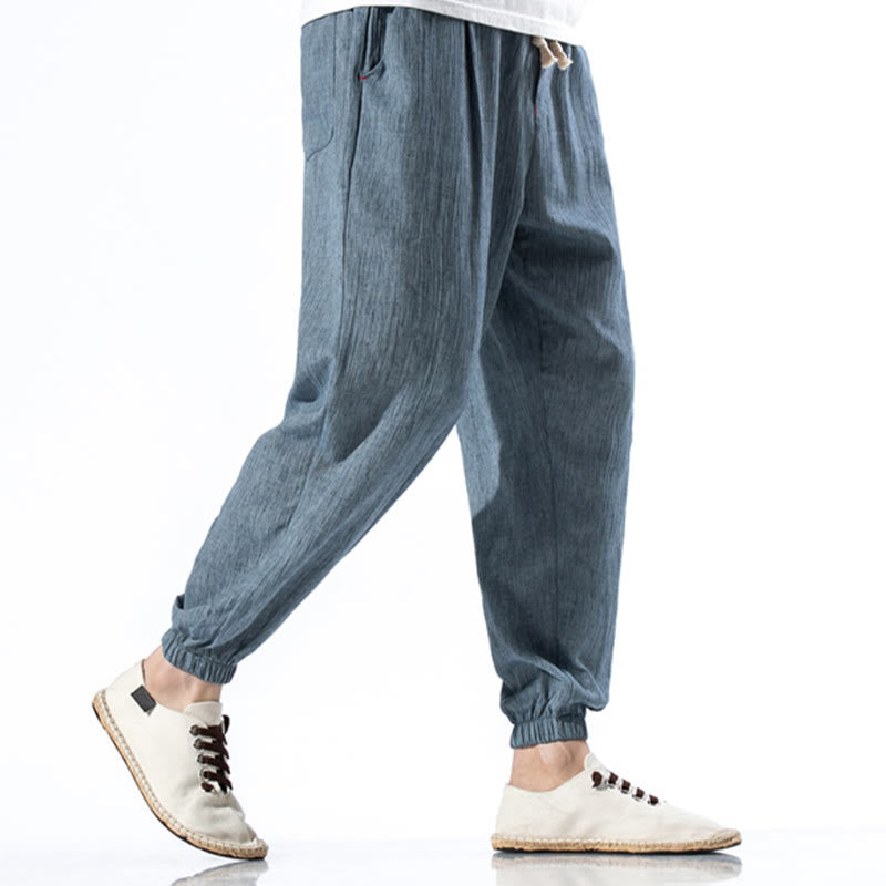 Casual Solid Color Drawstring Linen Men's Pants With Pockets