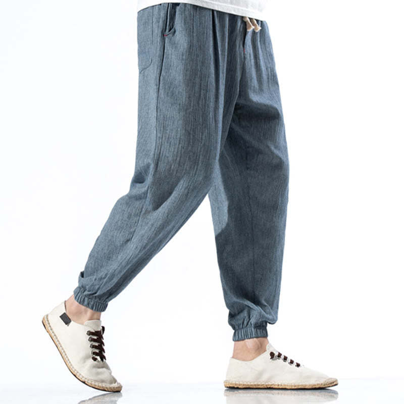 Casual Solid Color Drawstring Linen Men's Pants With Pockets