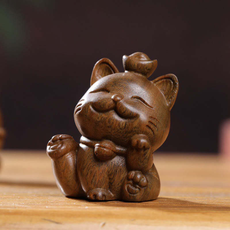 Mini Green Sandalwood Ingot Lucky Cat Carved Peace Desk Decorations