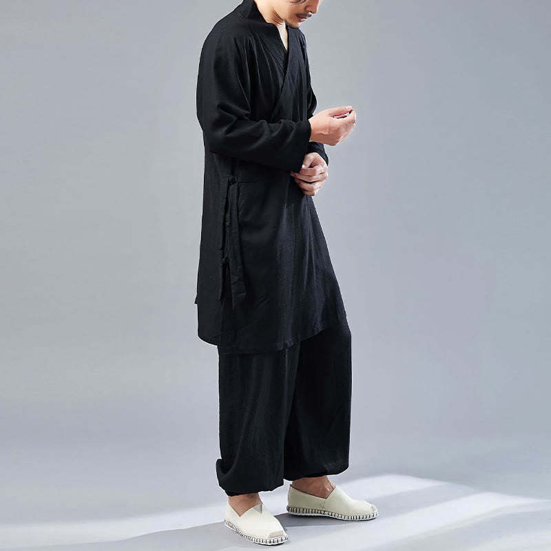 2Pcs V-Neck Men's Long Sleeve Shirt Top Pants Meditation Zen Tai Chi Cotton Linen Clothing Set