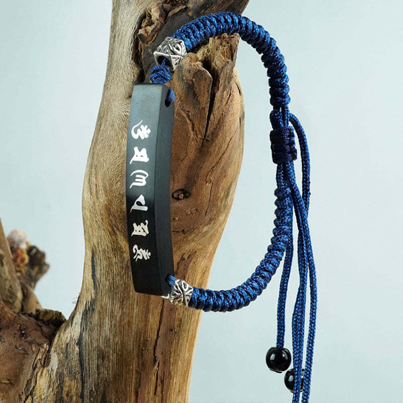Buddhism Six True Words Wood Ebony Wood Silver Inlaid Protection Bracelet